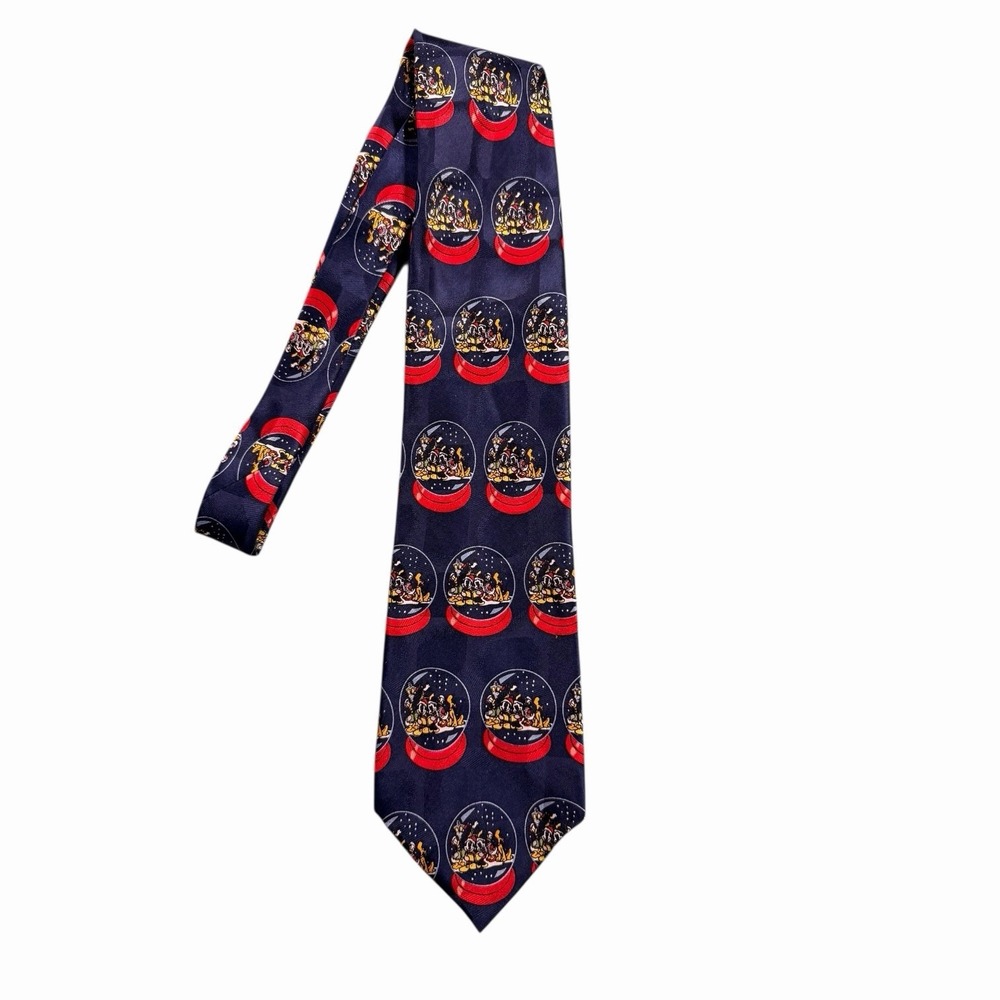Disney Mickey & Co Atlas Design Silk Tie Navy Snow Globe‎ Christmas Holiday Mens
